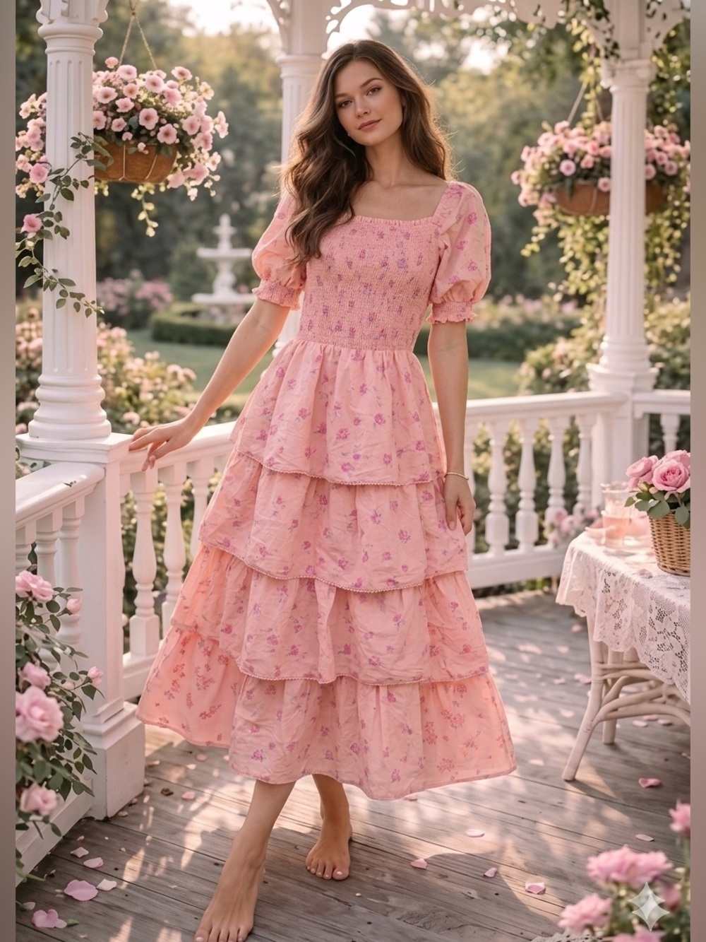 LoveShackFancy Pink Floral Smocked Puff-Sleeve Tiered Maxi Dress - Picture 8 of 8